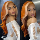 Yeknu  Ginger Orange with Blonde Highlights Wig Synthetic Lace Front Wig Long Wavy Hair Loose Body Wave 13X4 Frontal Wigs for Women
