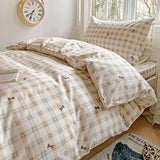 Yeknu  100% Pure Cotton Grid Pattern Bedding Set Skin Friendly Bedsheet Duvet Cover 2 Pillowcases Double Bedclothes for Home Dormitory