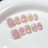 Yeknu  10pcs Cute Little Bear Handmade Nails  Clear Hearts and Stars Press on Nail Short Square Fake Nail for Women&Girl False Nail