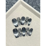 Yeknu  10pcs/Set Extra-Long Coffin Nails Gradient Black Cat Eye Rhinestone Detachable Press-On Manicure With Jelly Gel