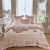 Yeknu  100% Cotton Pink Elegant Floral Embroidery Luxury Bedding Set Hidden zipper Duvet Cover Bed Sheet/Fitted Sheet Pillowcases 4Pcs