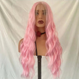 Yeknu  Pastel Pink Wig Long Curly Synthetic Hair Lace Front Wig Natural Wavy Colored Frontal 13X4 Lace Front Wigs for Women Cosplay