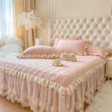 Yeknu  1.5X2m/1.8X2m Velvet Heavy Fluffy Flower Lace Ruffled Sweet Princess Girl Bed skirt,Delicate With 1Bed Skirt 2pillowcases