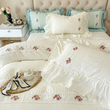 Yeknu French Romantic Lace Bubble Gauze Bedding Set Queen Elegant Princess Style Embroidered Duvet Cover Set Ruffled Quilt Cover Sets
