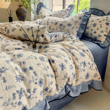 Yeknu  4-pcs Set with Linen Touch, Pure Polyester Material Ruffled Romantic Bow Design Girl Woman Bedroom Bedding Set Colored Flowers