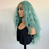 Yeknu  Mint Green Long Curly Wavy Synthetic Lace Front Wigs for Women Middle Part Natural Water Wave Heat Resistant Fiber Daily Party