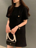 Summer Tweed Mini Dress Women Loose A-Line Elegant Fashion Korean Style Ladies Dresses Short Sleeve Woman Dress