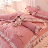 Yeknu Girls Bedding Sets Kawaii Seersucker Bed Sheet Pillowcase Fashion Princess Duvet Cover Solid Color 4 Pieces Cute Home Decoration