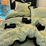Yeknu  Korean Style Bedding Set Green Strip Black Cat Embroidery Washed Cotton  Duvet Cover Cute Cardboard  Bed linen Comforter Sets