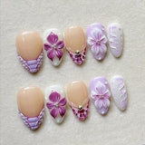 Yeknu  30pcs Nude Red 3D Flower Press On Nails Long Stiletto Fake Nails with Silver Metal Line & Pearl False Nail for Women&Girl