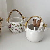 Yeknu  Ceramic Pot Basket with Hand Woven Rattan Pole Handle Bowl Basket Organizer Box Makeup Brushes Pens Remotes Coffee Table Storage