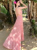 Yeknu  Summer New Pink Floral Suspender Dresses Women's Sleeveless Backless Sexy Beach Vacation Dress Chiffon Splicing Long Dress