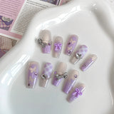 Yeknu  10PCS handmade coffin shaped nails, beautiful fake nails, violet grid gradient nail art, suitable for women to use