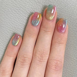 Yeknu 24Pcs Rainbow Color Glow Cat Eye Press on False Nails with Glue Glitter Short Square Nails Sweet Cool Gradient Summer Fake Nails