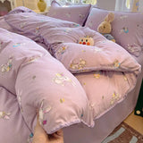 Yeknu Ins Bedding Set Purple Love Stripe Double Layer Yarn Four Piece Dormitory Girl Heart Bed Sheet And Quilt Set Washed Cotton
