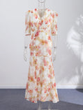 Yeknu  Summer Autumn Vacation Print Long Women's Dress Sexy Deep V-neck Split Short Puff Sleeve Pleated Female Robes Outwear New