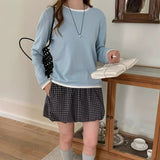 Yeknu  100% Cotton Women O-neck Color Blocking Long Sleeved Shirt Spring and Autumn Loose Fashionable Knitted Long Sleeves High Quality