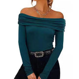 Yeknu  Women Clothing Sexy Off-shoulder Slim-fitting Long-sleeved T-shirts Autumu Winter Europe America Solid Off Shoulder Top Tees