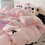 Yeknu Girls Pink Bedding Set with Bow Korean Breathable Duvet Cover No Filler Flat Sheet Pillowcases Mix Color Comforter Cover Set
