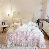 Yeknu  Flowers Lace Ruffles Princess Wedding Bedding Set Full Queen King Duvet Cover Bed Skirt/Bed Sheet/Fitted Sheet Pillowcases 4Pcs