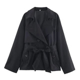 Yeknu  Women Lapel Lace Up Short Trench Coat Casual Full Sleeve Double Breasted Loose Cropped Windbreakers New Lady Commute Coats