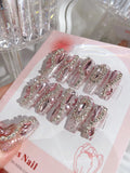 Yeknu  Glitter Fairy Rhinestone False nail Tips for Bride lady Wearable Sweet Crystal Design Press on Nails Mid Length Fake Nail Patch