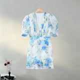 Yeknu  Sexy Print Women Min Dress Urban Deep V-neck Short Puff Sleeve Cascading Ruffle Female Dresses Spring Summer Lady Robe