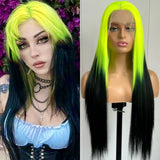 Yeknu  Black with Neon Green Roots Long Silky Straight Lace Front Synthetic Wig Middle Part Ombre Colored Wigs for Women Party Cosplay