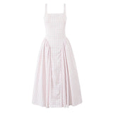Yeknu  Jastie Lace Up Bandage Plaid Sling Dress Women Elegant Square Neck Low Waist A-line Midi Summer Dresses Holiday Party Robe