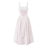 Yeknu  Jastie Lace Up Bandage Plaid Sling Dress Women Elegant Square Neck Low Waist A-line Midi Summer Dresses Holiday Party Robe