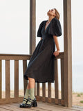 Yeknu  Jastie Summer V-neck Waist Cinched Dress Unique Lantern Sleeve Fashionable Sexy Slit Long Skirt Cotton Women's Casual Dresses