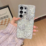 Yeknu  Glitter Aurora Butterfly Shell Case for Samsung Galaxy S25 S26 Ultra S24 Plus S23 FE A56 A55 A54 A16 A35 Laser Love Heart Cover
