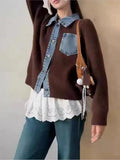 Yeknu  Knitted Autumn Winter Cardigan Women Denim Patchwork Fashion Ladies Cardigans Casual Loose Woman Sweater Coats