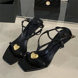 Yeknu  Summer Fashion Open Toe Sandals Women Metal Buckle Narrow Band Thin Low Heel Gladiator Party Shoes