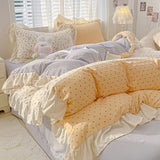 Yeknu  4pcs  Korean lace Duvet Cover Set (1*Duvet Cover + 2*Pillowcase, bed sheet), Pink checkered print Bedding Set
