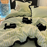 Yeknu  Korean Style Bedding Set Green Strip Black Cat Embroidery Washed Cotton  Duvet Cover Cute Cardboard  Bed linen Comforter Sets