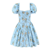 Yeknu  Fashion Elegant Square Neck Puff Sleeve Women's Dress Cotton Rose Printed Mini Dresses Boho Casual Beach Party Dress