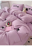 Yeknu Girls Pink Bedding Set with Bow Korean Breathable Duvet Cover No Filler Flat Sheet Pillowcases Mix Color Comforter Cover Set
