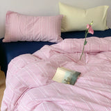 Yeknu  Ins Dopamine Korean Striped Washed Cotton Four-piece Bedding Set Cream Style Bed Sheet Quilt Cover Three-piece Set