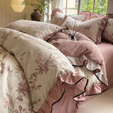 Yeknu  4-pcs Set with Linen Touch, Pure Polyester Material Ruffled Romantic Bow Design Girl Woman Bedroom Bedding Set Colored Flowers