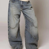 Yeknu  Y2K Hip-hop Stitching Fashion Joker Retro Jeans Female Korean Casual Simple Dress Essential Wide-leg Pants Loose  Joker Overalls