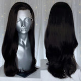Yeknu  Long Wavy Dark Brown Synthetic Lace Front Wigs for Women Free Part Layered Cut Natural Wave Brunette Colored 13X4 Wigs Daily Use