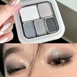 Yeknu  Korean 5 in 1 Eyeshadow Blush Palette Pearlescent Matte Smoky Black White Cement Grey Travel Friendly