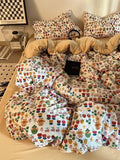 Yeknu Korean Style Ins Retro Fresh Floral Washed Cotton Bed Four Piece Duvet Set, Student Dormitory Bed Sheet Three Piece Set
