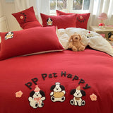 Yeknu Solid Colour embroidery Bedding Set For adults kids Ankela Red Red Flat Sheet With Pillowcases Colorful King Queen Full size