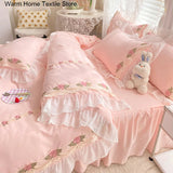 Yeknu Princess Style Korean Bed Skirt Bed Sheet Embroidered Ruffle Lace Quilt Cover Ins Bedding For Girls Luxury Home Textiles
