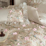 Yeknu  1000TC Egyptian Cotton Bedding Set Duvet Cover Flat Bed Sheet Pillowcases, Floral Embroidery Ruffles Luxury Bed Linens