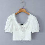 Yeknu  Summer Puff Sleeve French Floral Printed Shirts Elastic Back Sexy Crop Tops Slim Short Top