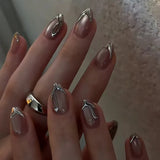 Yeknu 24Pcs Cat's Eye Design Fake Nail with Pearl Short Round Head Press on False Nails Silver French Bow Pattern Full Cover Nail Tips