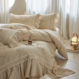 Yeknu  Lace Ruffles Flower Butterfly Embroidery Bedding Set 20% Linen and 80% Cotton Duvet Cover Flat/Fitted Bed Sheet Pillowcase 4Pcs